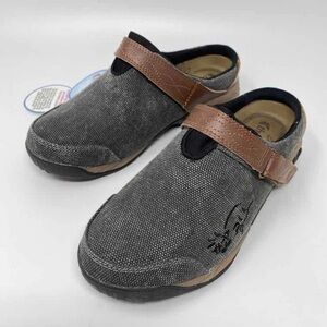 Therafit Womens‎ Size 7 Austin Black Gray Canvas Clog Slip On Brown Leather Trim
